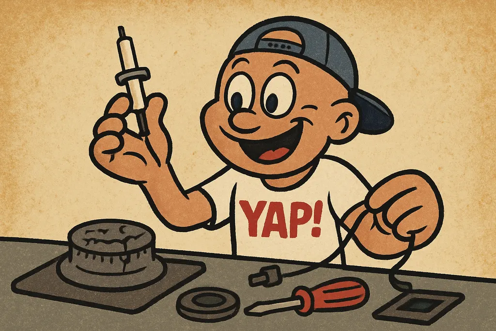 Cartoon scene at a kitchen counter. YAP Dude is holding up a brand-new gas stove