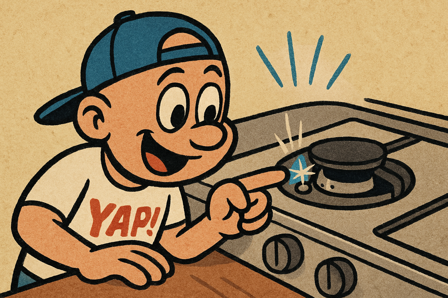 Cartoon close-up scene at a gas stovetop. YAP Dude is leaning in close over the 