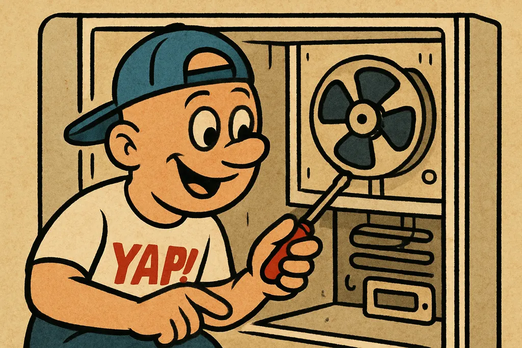 A close-up cartoon scene of the inside of a GE freezer with the back interior pa