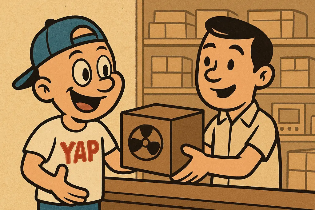 A cartoon scene of the interior of a small, friendly appliance parts shop counte