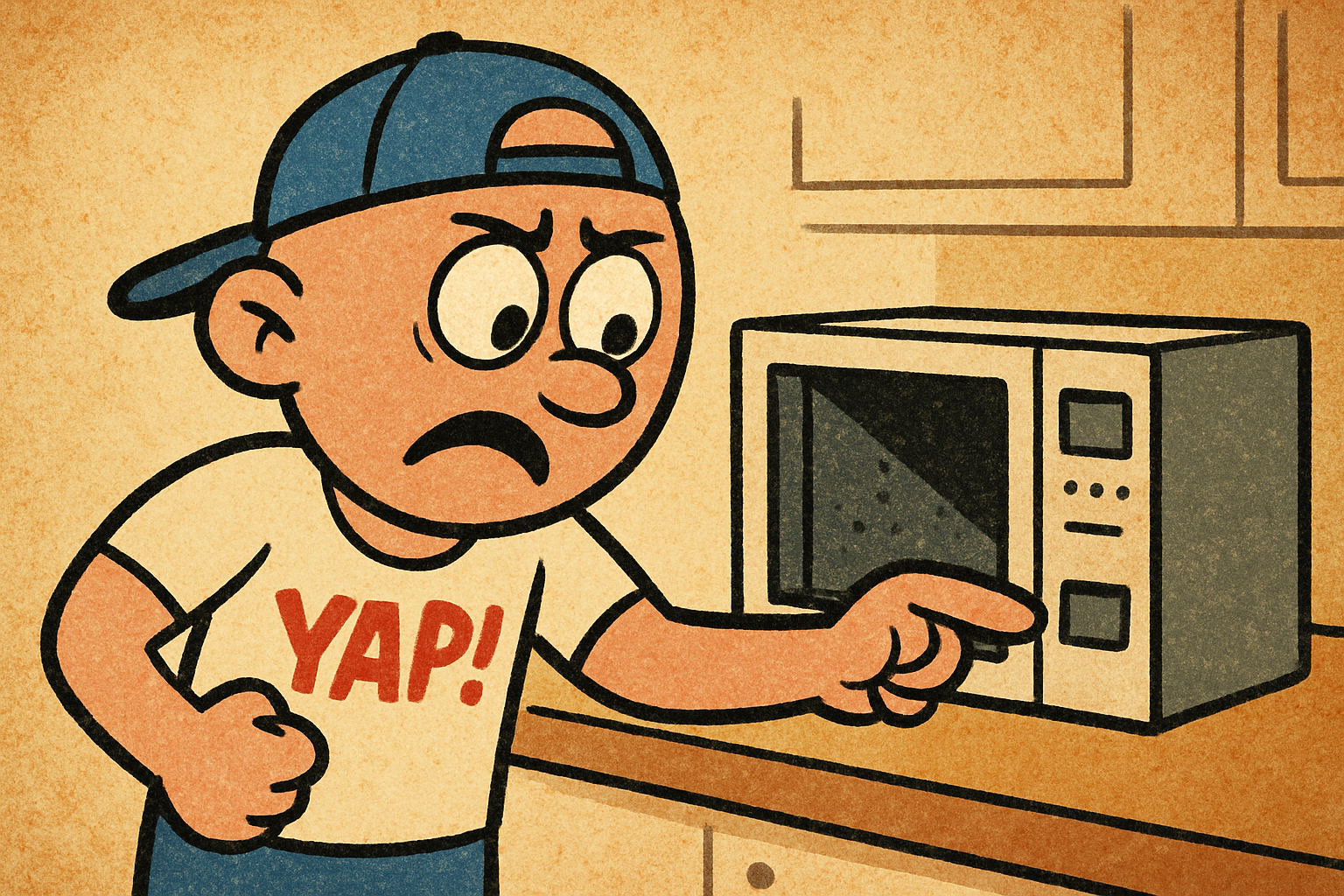 YAP Dude standing in a kitchen, staring with an exasperated expression at a comp