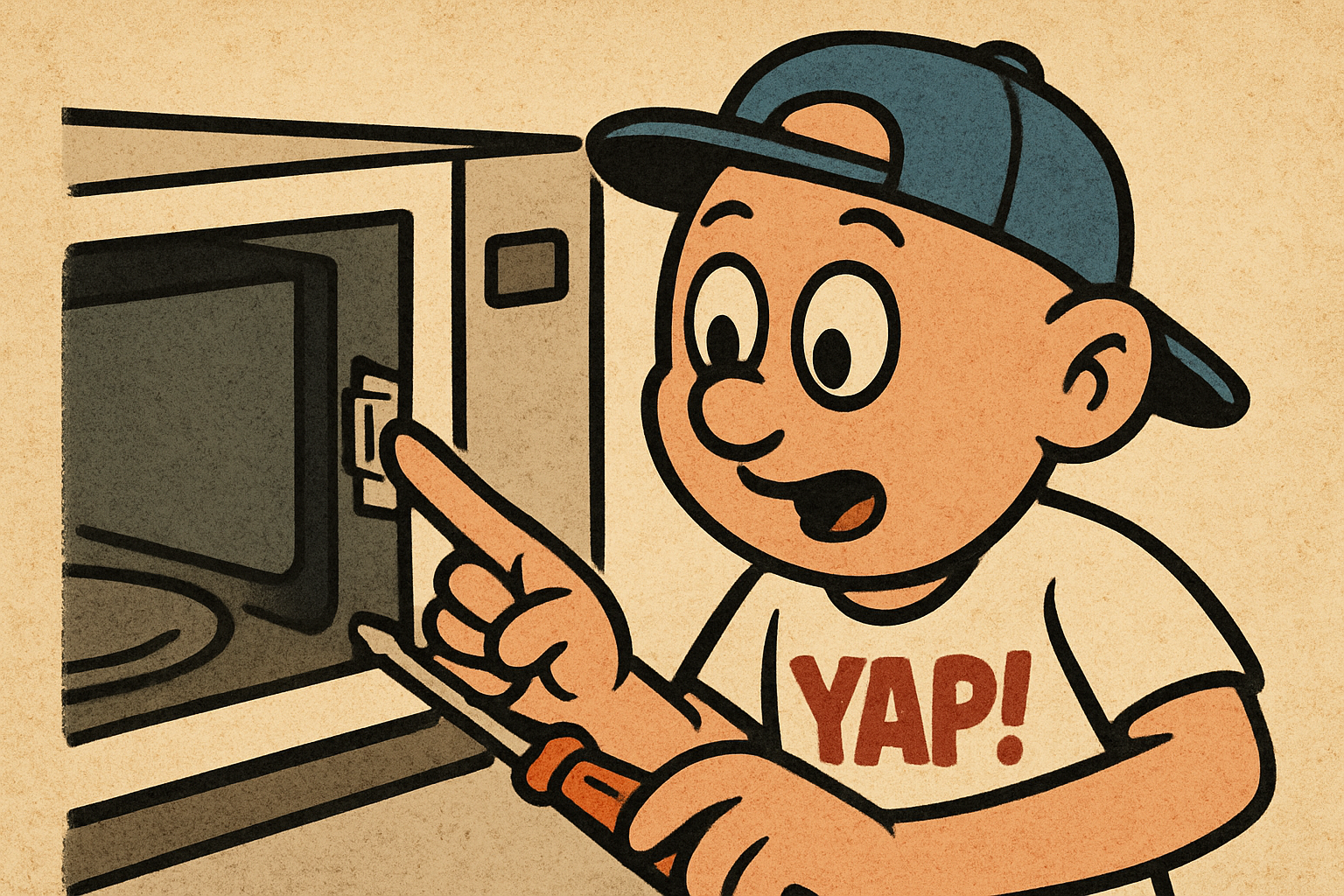 YAP Dude leaning in close over an open microwave with the cabinet shell removed,