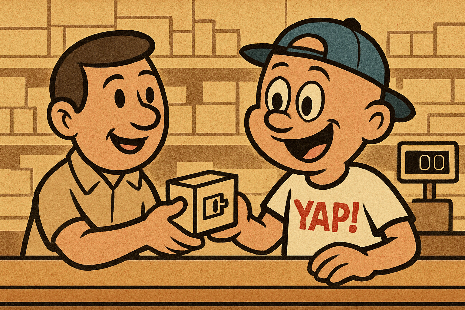 YAP Dude behind the parts counter inside the Piedmont YAP shop, handing a small 
