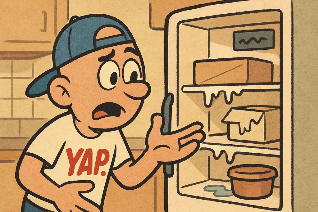 A cartoon scene of a frustrated person standing in front of an open GE side-by-s