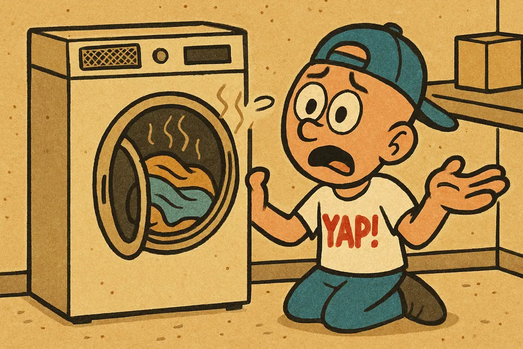 A cartoon scene of a frustrated person standing in a laundry room staring at a c
