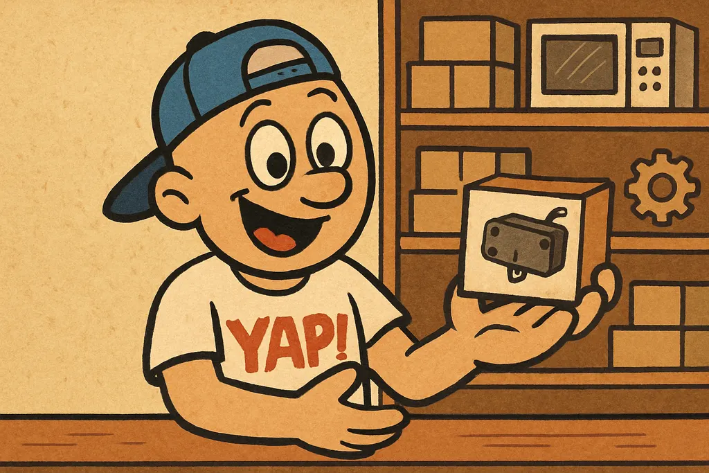 YAP Dude behind the parts counter inside the Piedmont YAP shop, handing a small 