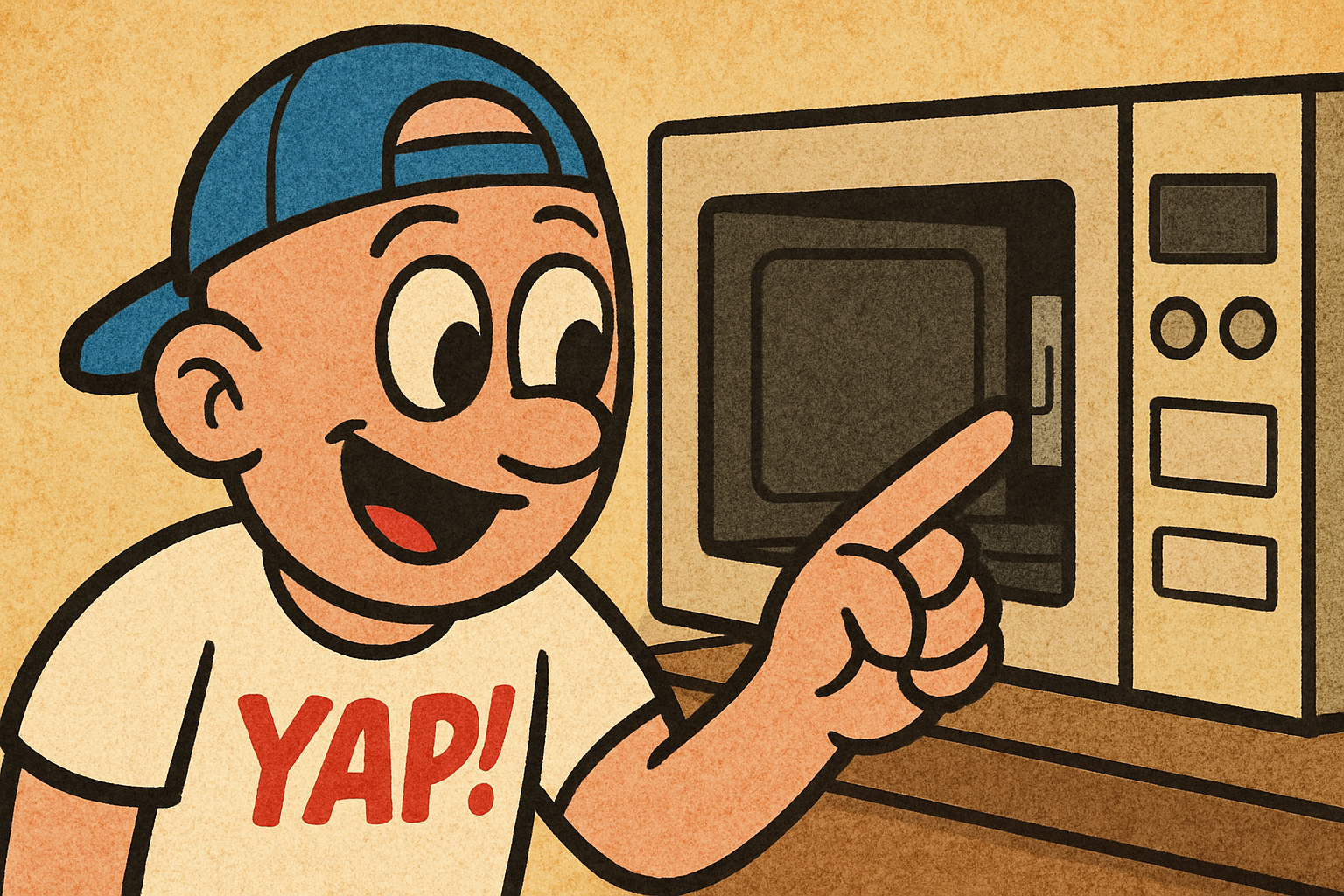 Cartoon close-up scene. The YAP Dude is leaning in toward the open door frame of