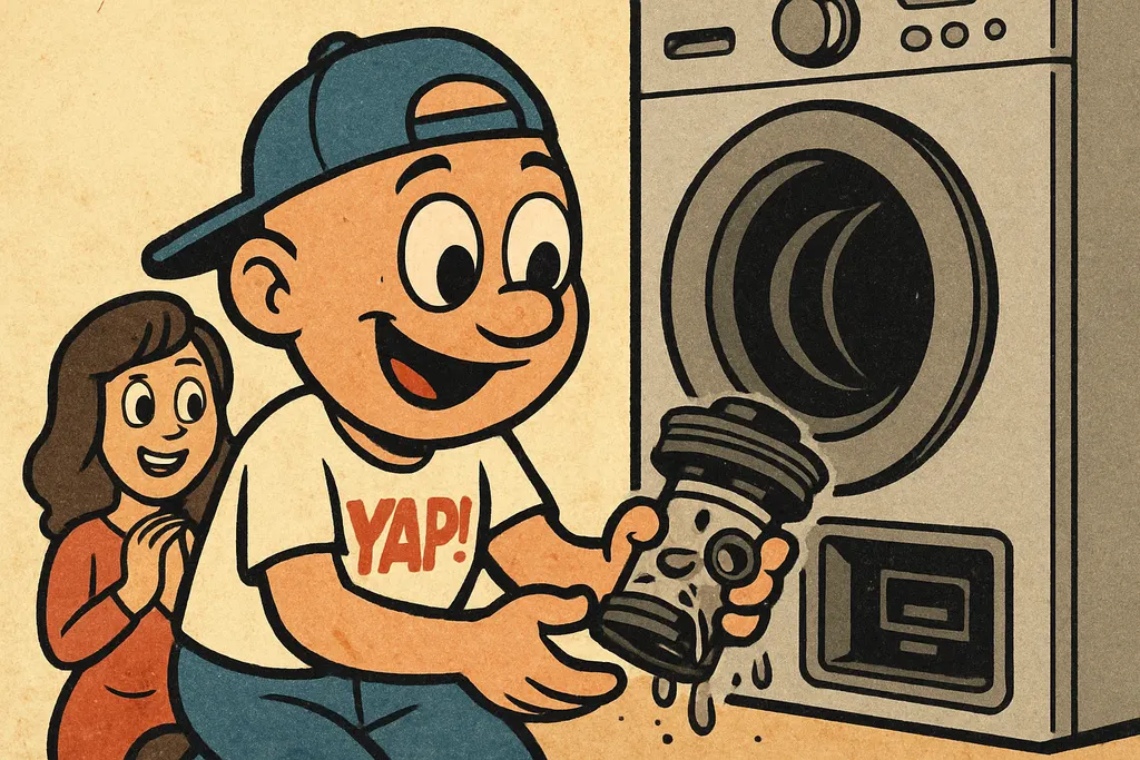 Cartoon scene of the YAP Dude crouching down close to the open lower access pane
