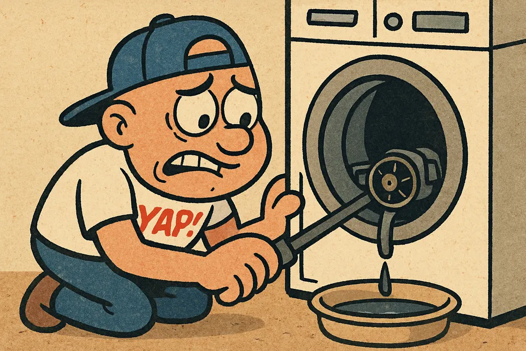 Cartoon scene: YAP Dude crouching down close to the lower front panel of a Whirl