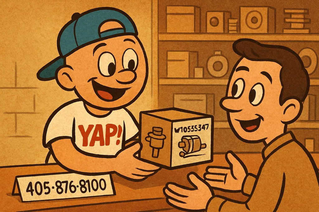 Cartoon scene of the YAP Dude behind the YAP parts store counter in Piedmont, Ok