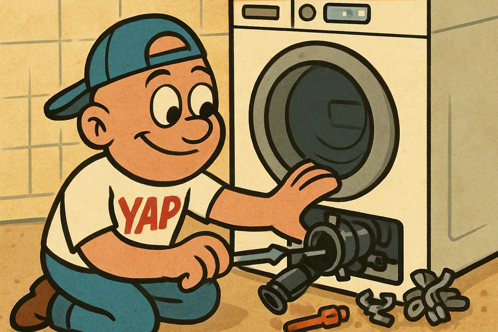 Cartoon scene: YAP Dude kneeling on the laundry room floor, confidently installi