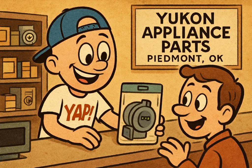 Cartoon scene: YAP Dude standing behind a parts store counter inside a cozy, wel