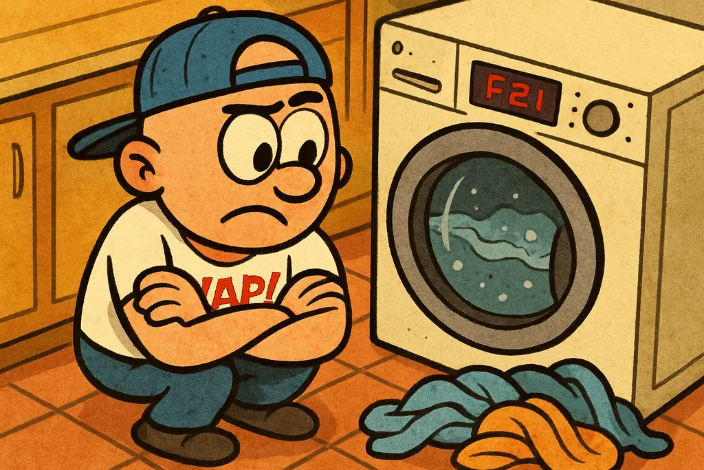 Cartoon scene: YAP Dude standing in a laundry room looking exasperated, arms cro