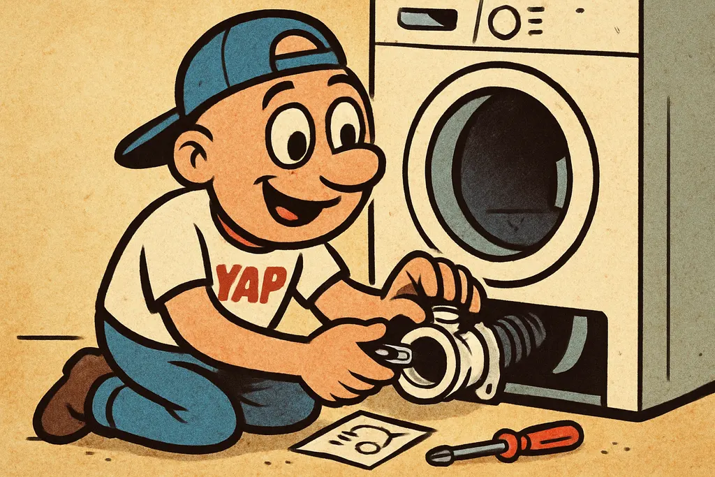 Cartoon scene of the YAP Dude kneeling on the laundry room floor, confidently in