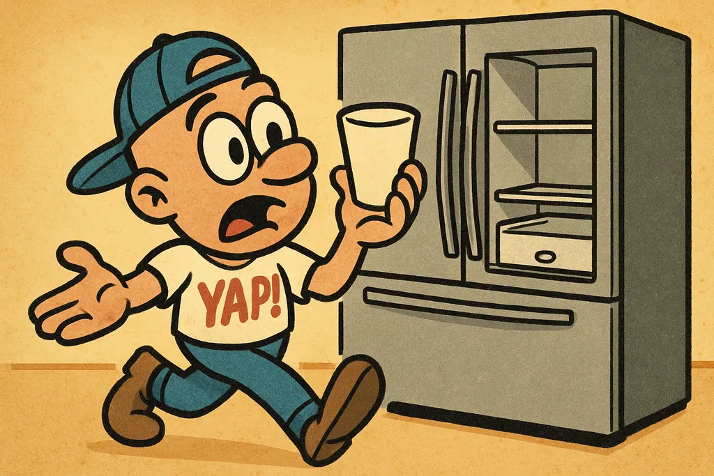 YAP Dude standing in front of an open Samsung French door refrigerator with a co