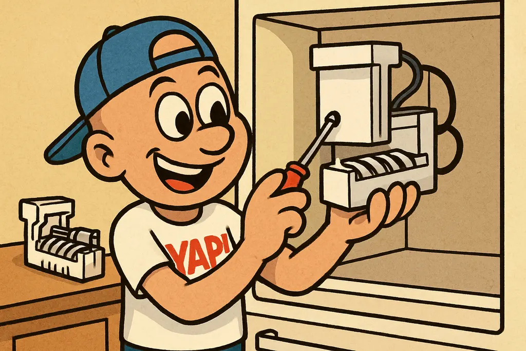 Cartoon scene showing YAP Dude installing the brand-new DA97-07365G Samsung ice 