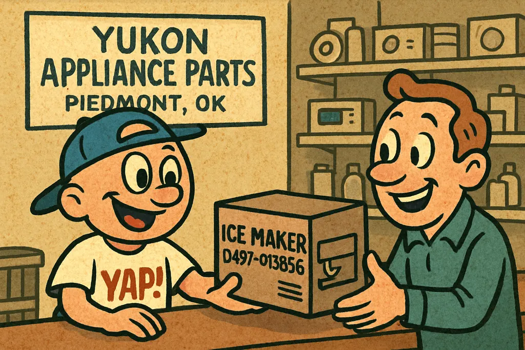Cartoon scene inside the YAP appliance parts store in Piedmont, OK. YAP Dude sta