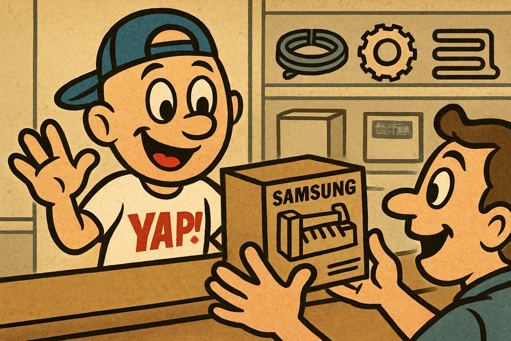 YAP Dude behind the parts counter at the YAP shop in Piedmont, sliding a boxed S