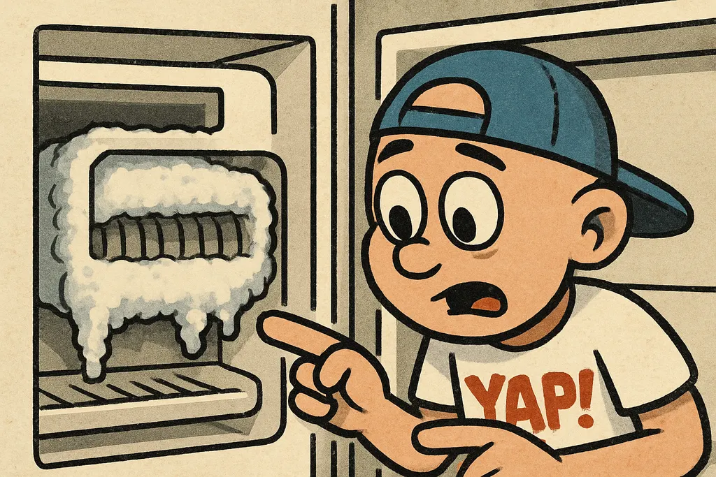 YAP Dude leaning in close to the open freezer compartment of a Samsung refrigera