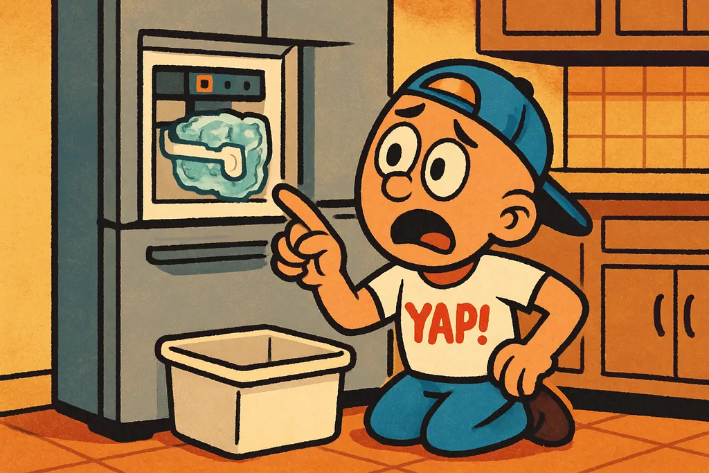Cartoon scene set in a cozy kitchen. YAP Dude stands in front of an open Samsung
