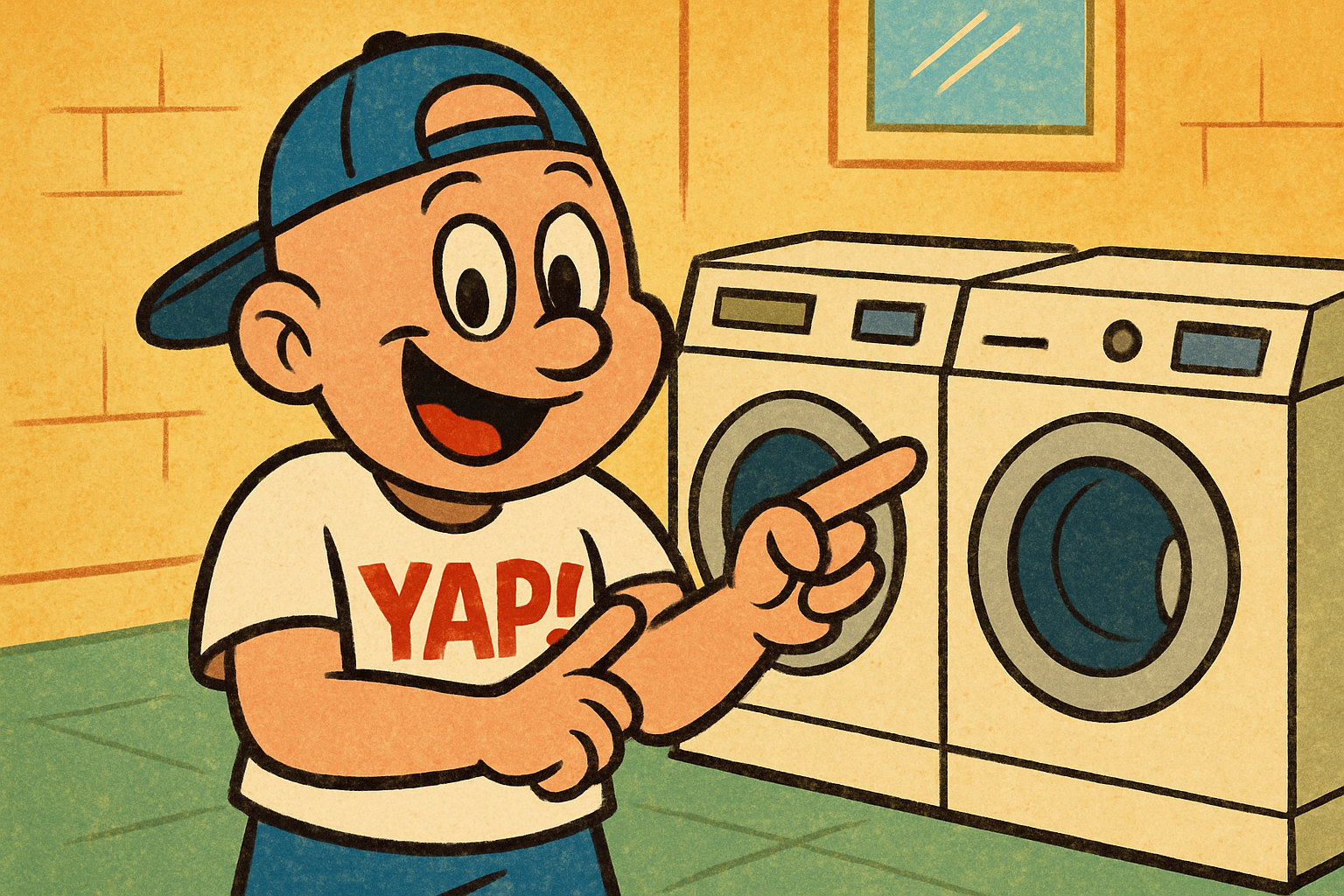 YAP Dude pointing confidently at one of two washing machines beside him, leaning