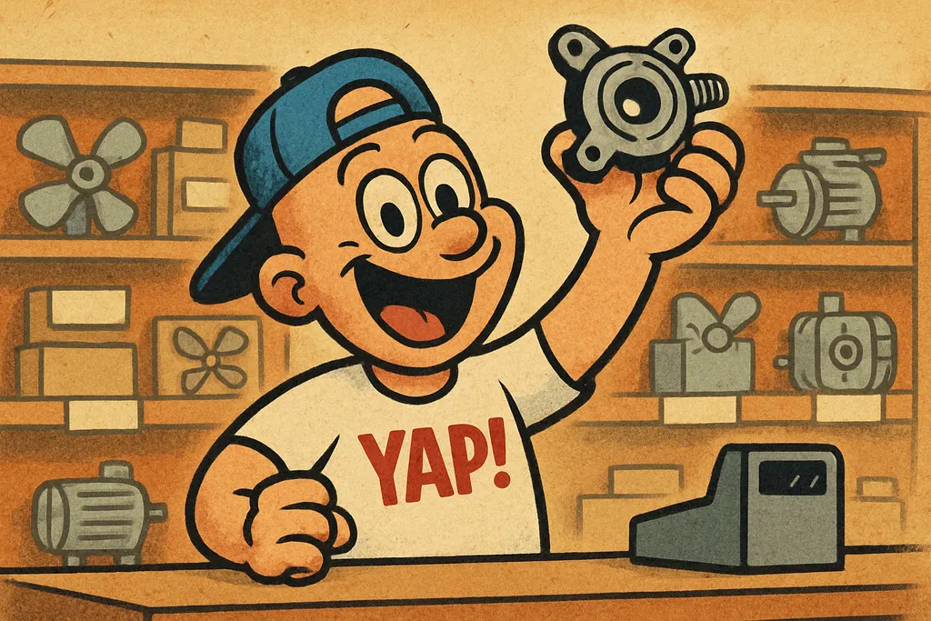 YAP Dude standing behind a parts counter holding up a small mechanical part triu