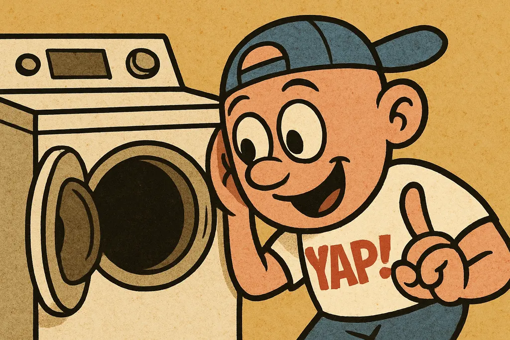 YAP Dude crouching beside a top-load washing machine with his ear pressed close 