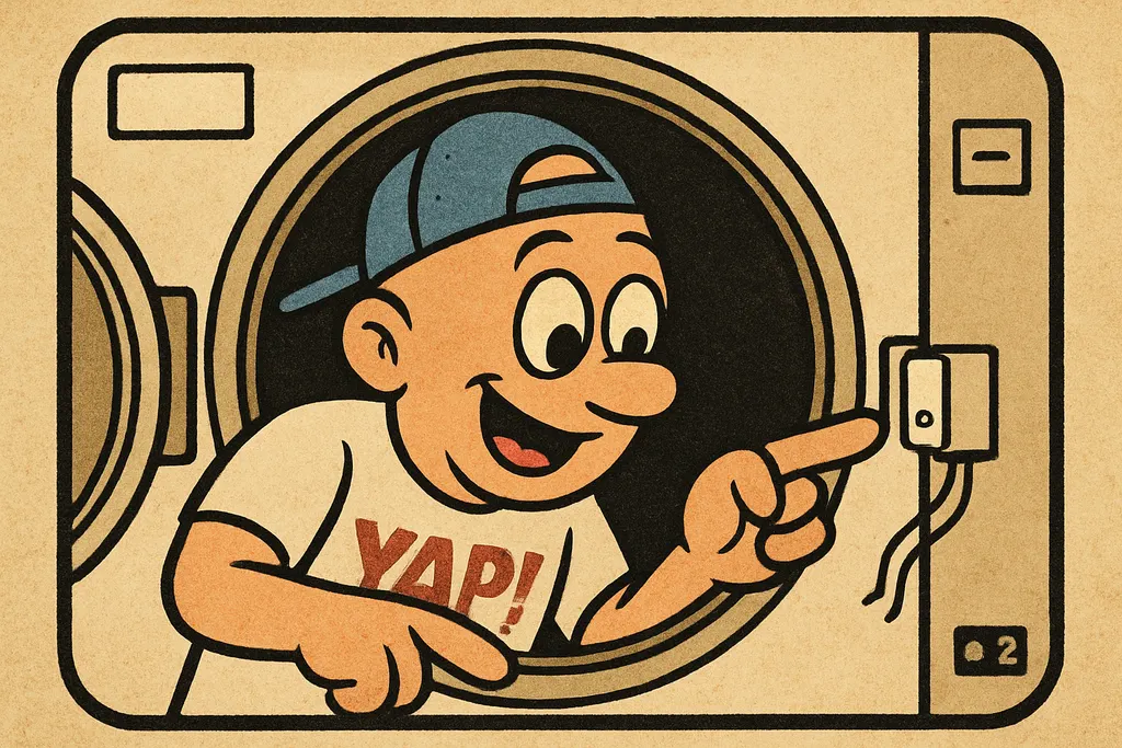 A close-up cartoon scene showing the inside of a Maytag dryer's front panel with