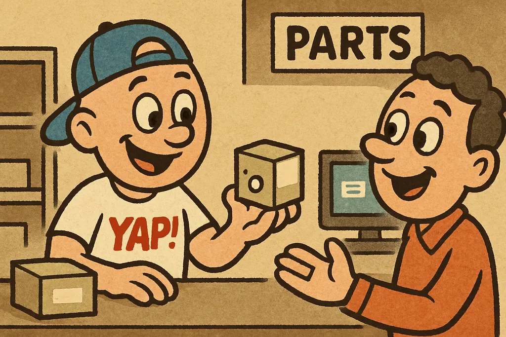 A cartoon scene of a happy customer at a friendly parts store counter in Piedmon