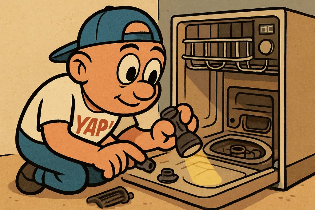 Cartoon scene of the YAP Dude crouching in front of an open GE dishwasher, leani