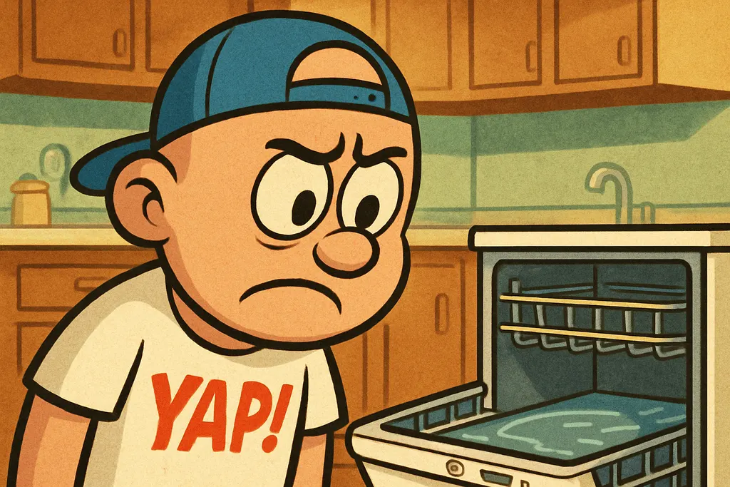 Cartoon scene of a frustrated homeowner in a kitchen staring down into an open G