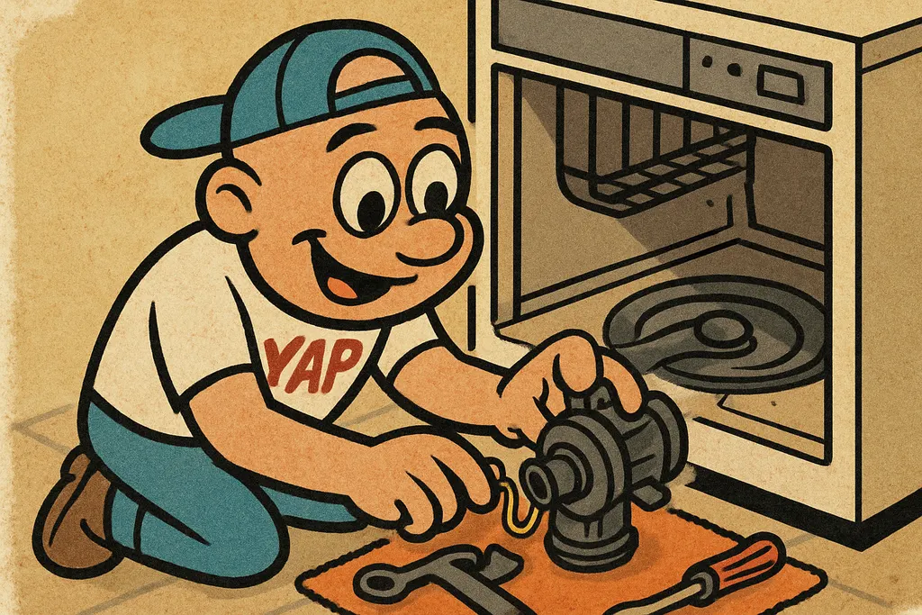 The YAP Dude kneeling on a kitchen floor in front of an open GE dishwasher, his 