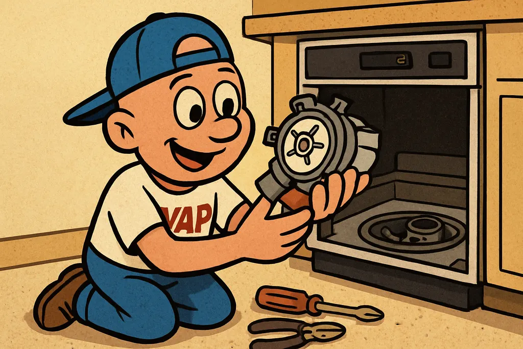 Cartoon scene of the YAP Dude kneeling on a kitchen floor in front of a GE dishw