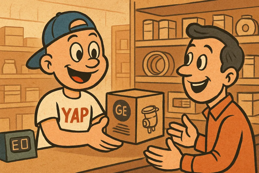 Cartoon scene inside the YAP Appliance Parts shop in Piedmont, OK. The YAP Dude 