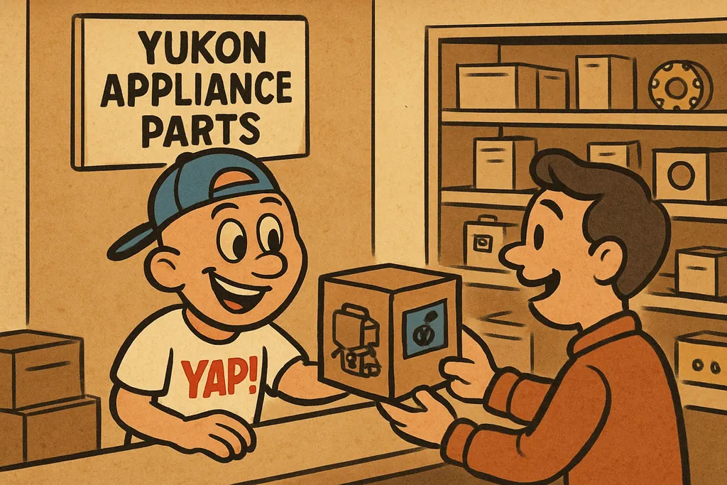 A cartoon scene inside the YAP appliance parts shop in Piedmont, OK. The YAP Dud