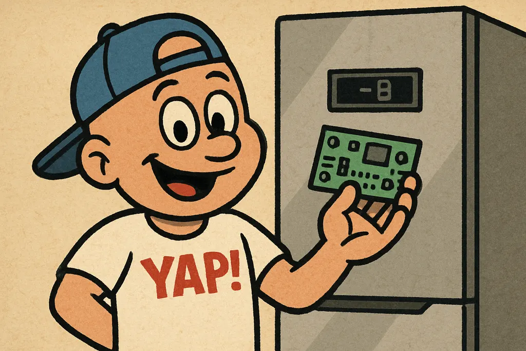 A cartoon scene of two hands carefully snapping a brand-new display control boar