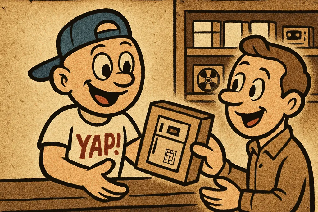 A cheerful cartoon scene inside the YAP appliance parts shop in Piedmont, OK — a