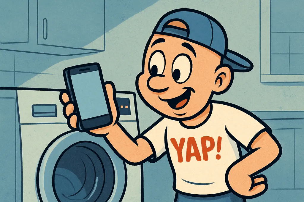 The YAP Dude leaning against a modern front-load smart washer, holding up a phon