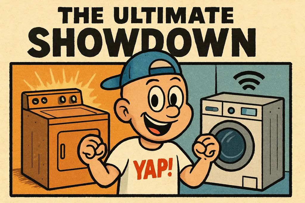 A split-scene cartoon showing a rugged, vintage top-load washer and dryer set on