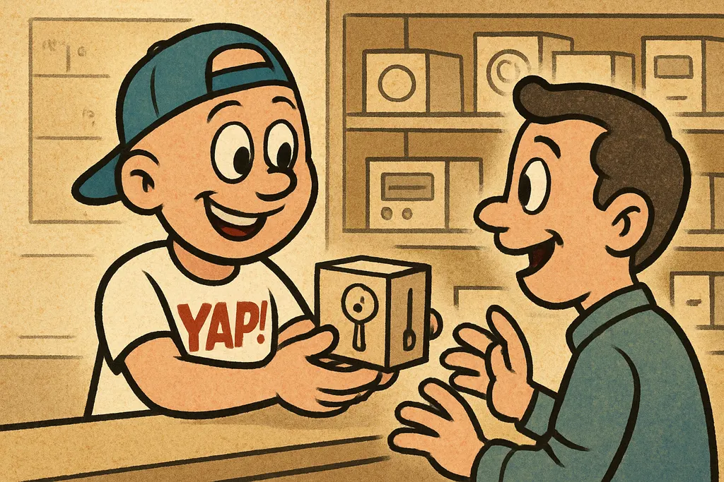 A cheerful cartoon scene of a customer at the YAP parts store counter in Piedmon