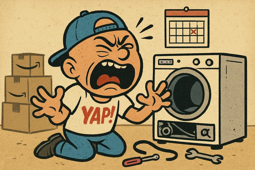 The YAP Dude kneeling beside a disassembled dryer with a frustrated expression, 
