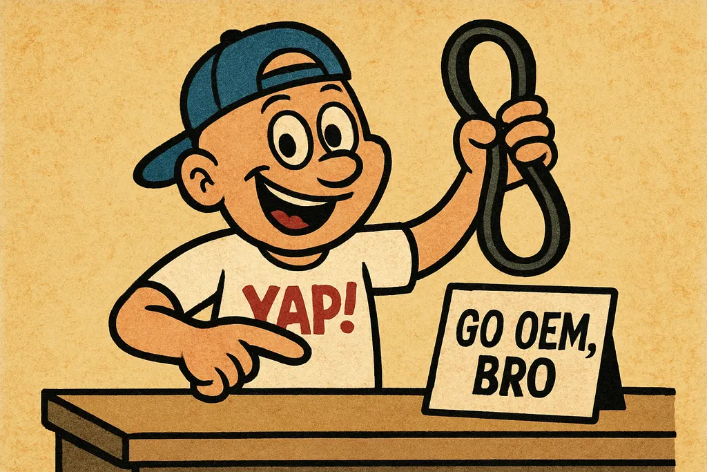 The YAP Dude standing tall and confident behind the parts counter, one arm exten
