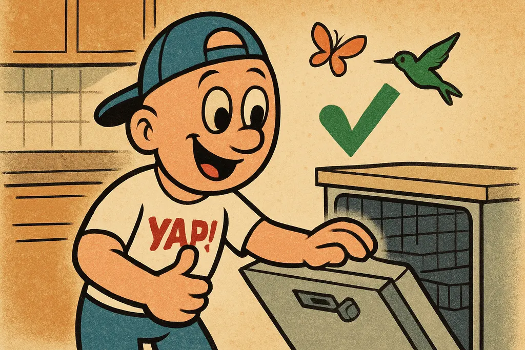 The YAP Dude standing in front of an open dishwasher in a customer's kitchen, ca