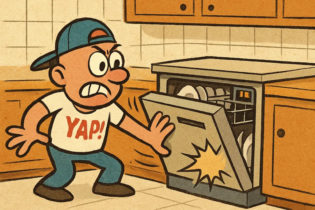 A frustrated homeowner in a messy kitchen aggressively hip-checking a full-size 