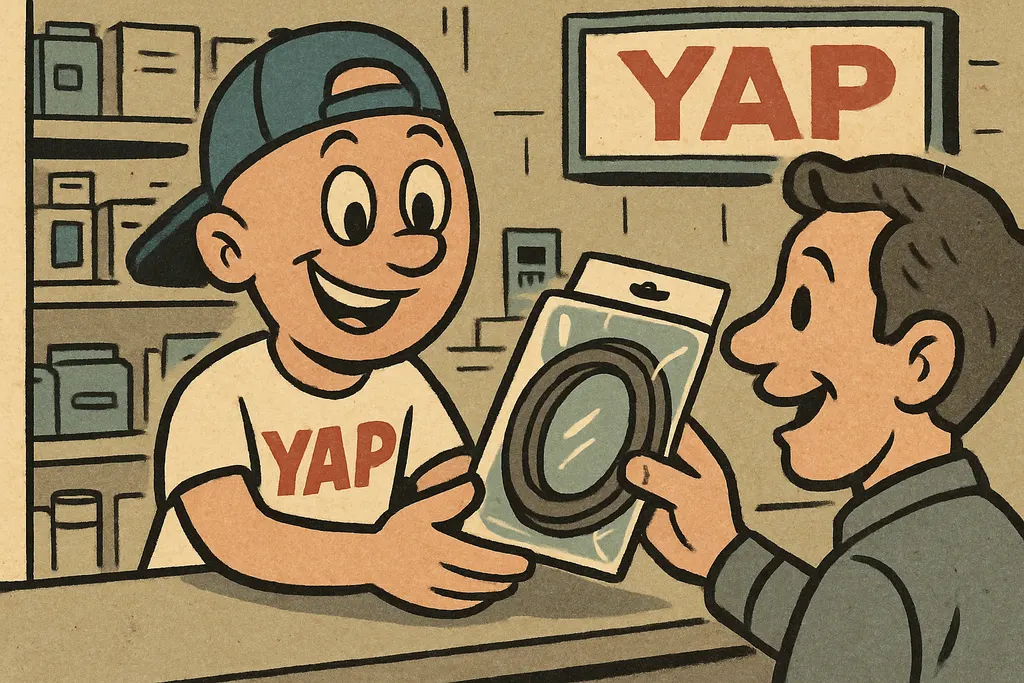 Cartoon scene at the YAP parts counter inside a shop in Piedmont, OK: YAP Dude s