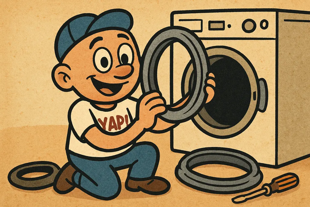 Cartoon scene in a laundry room: YAP Dude kneeling in front of a front load wash