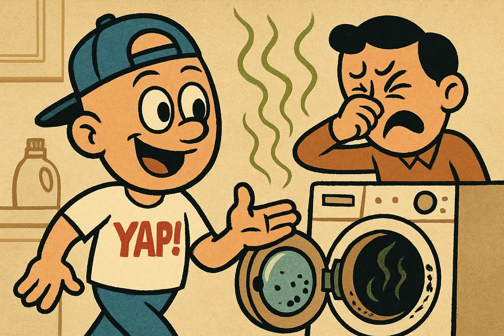 Cartoon scene inside a laundry room: a homeowner (separate character, not the YA