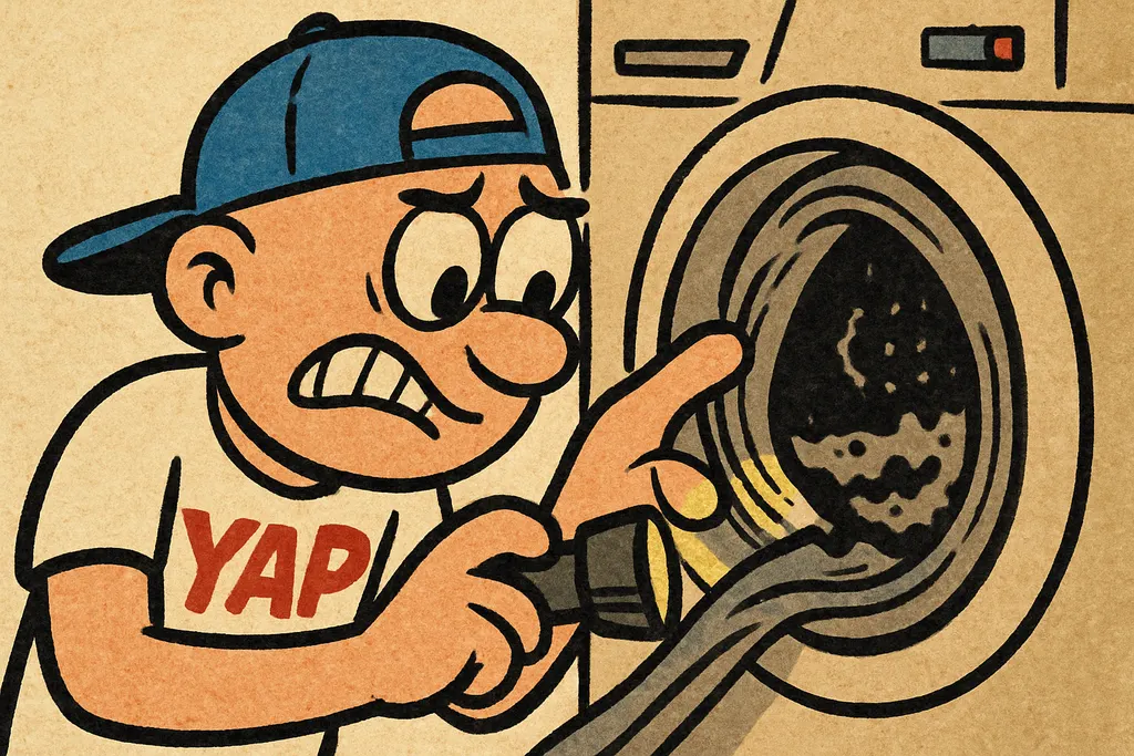 Cartoon close-up scene: YAP Dude leaning in close toward an open front load wash