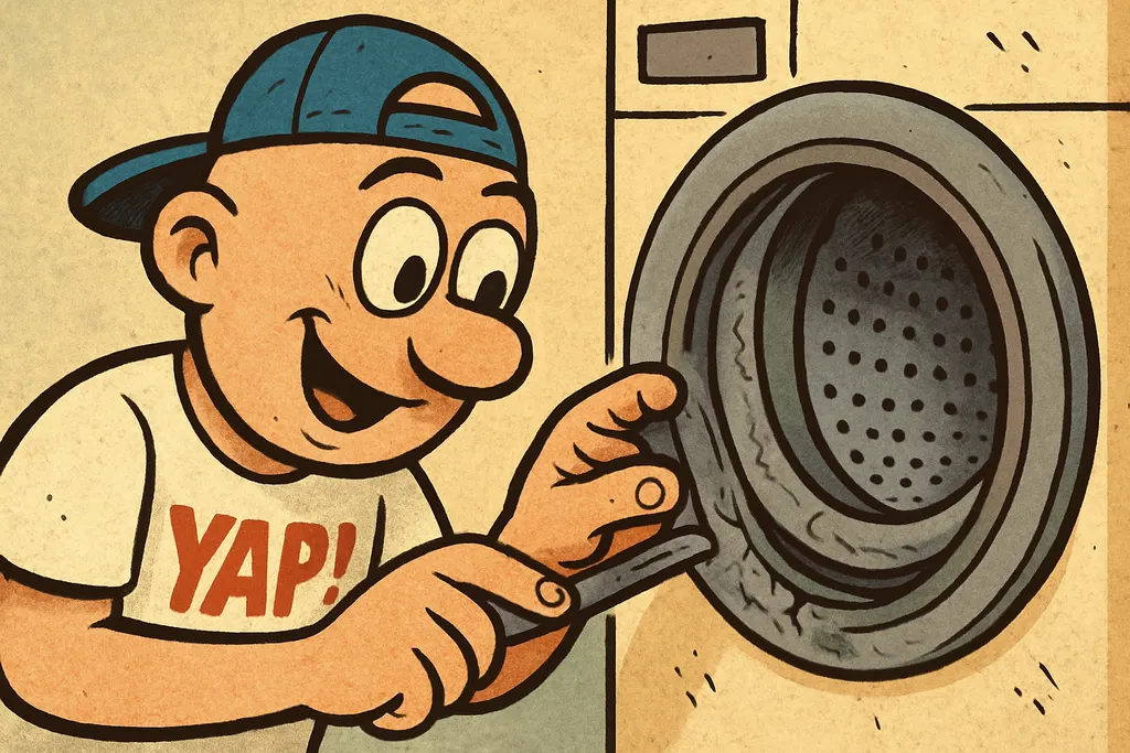 Cartoon close-up scene. YAP Dude is leaning in close to an open front-load washe