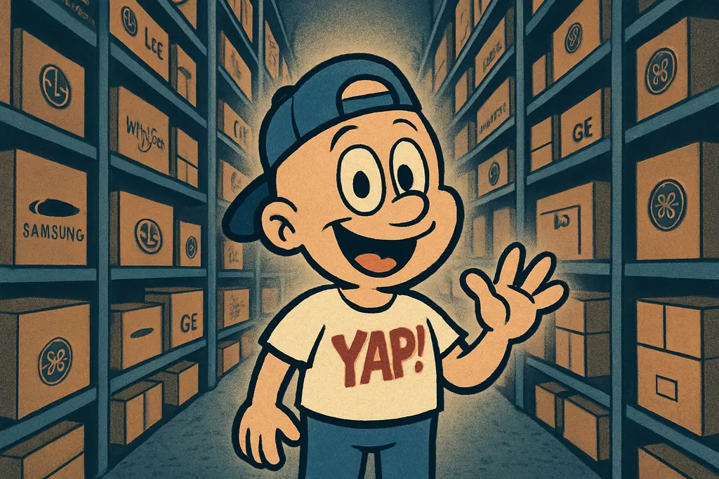 Cartoon scene set inside a laundry room. A frustrated homeowner stands in front 